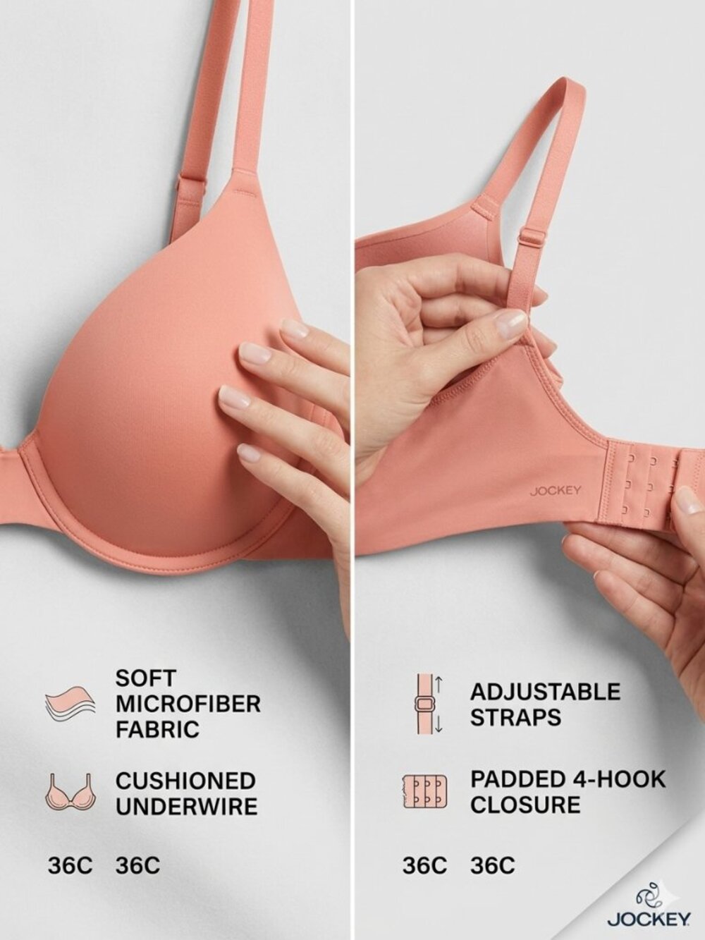 Jockey Cushion Microfiber Coral Underwire Bra - Size 36C NEW - Picture 2 of 6